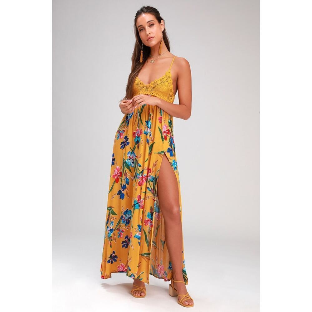 NWT Lulus Laela Mustard Yellow Floral Print Crochet Swim Cover-Up Beachy Size M